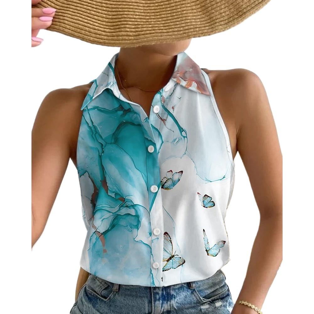 

GMXIA Женские модные повседневные летние блузки и рубашки без рукавов с воротником-поло L