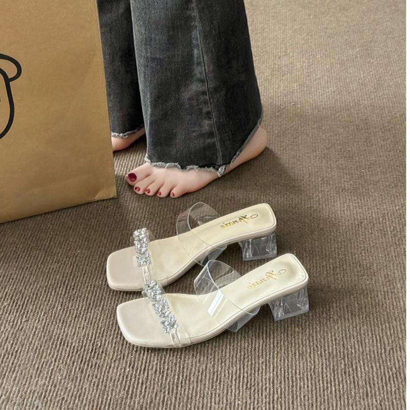 Fairy Style Fashionable Square Toe Rhinestone Party High-heeled Elegant Sandals for Women's Summer Mid Heeled Slippers