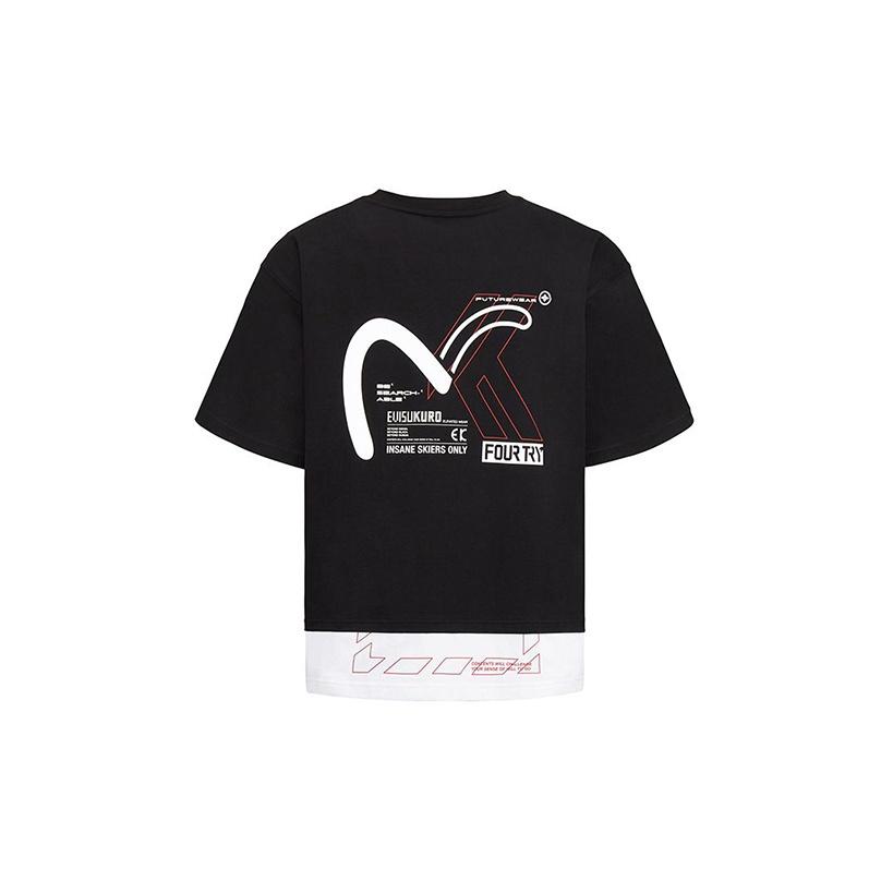 Evisu × Fourtry Patchwork Print Short Sleeve T-Shirt Men Tops Black 2EAFOM0TS310BZ