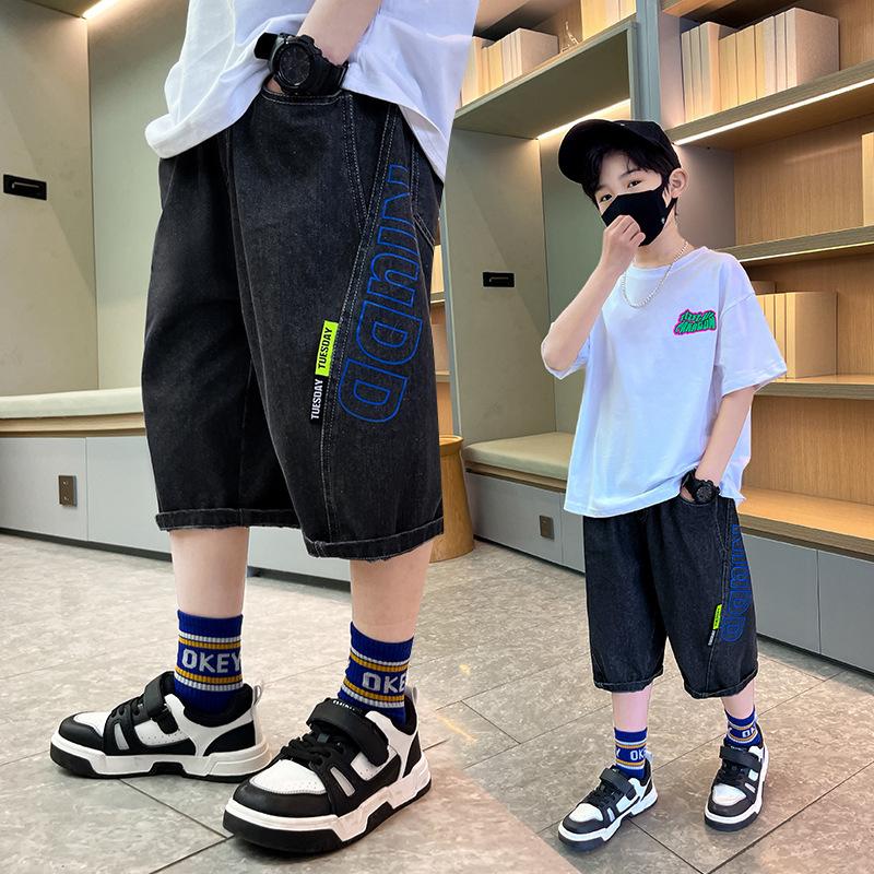 Korean Kids Boy Loose Straight Summer Jeans Shorts Tweens Child Luxury Black Blue Denim Shorts