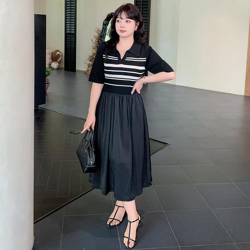 Plus Size Women's Lapel Patchwork Knitted Long Skirt Slimming Striped Dress