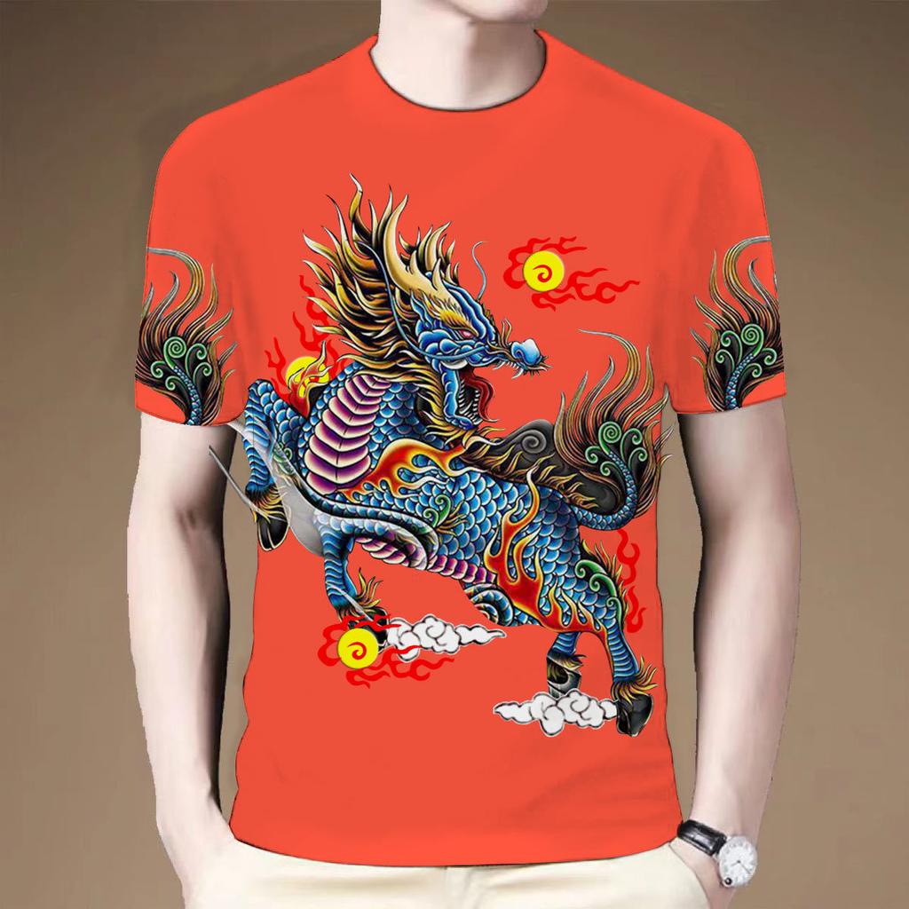 Summer 3D Printed T-shirt Retro Kirin Beast Series Men's Personalized Creative Round Neck Large Short Sleeve
