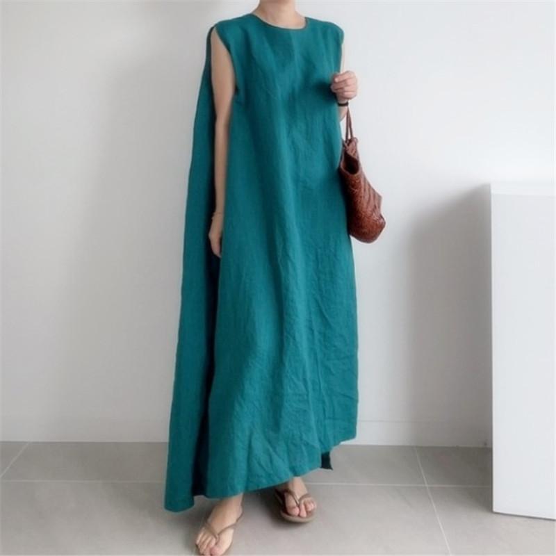 Sleeveless cotton-linen skirt, new summer round neck loose vest, long slit dress S