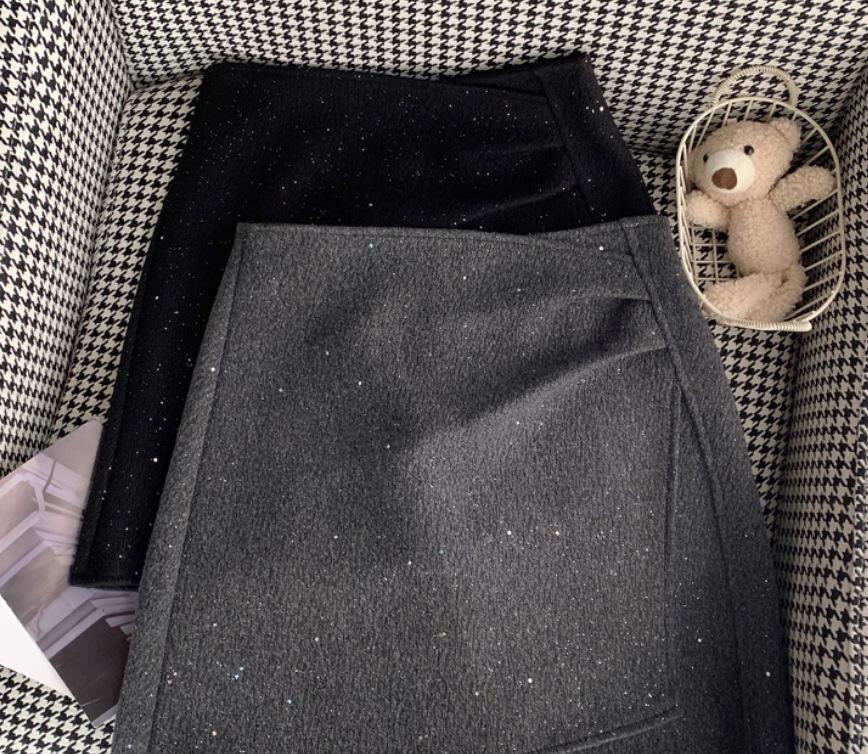 Women's High Waist Irregular A-line Woolen Skirt with Pleats & Sequins - Autumn/Winter