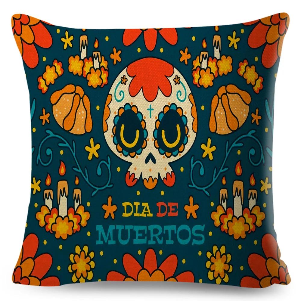Day Of The Dead Pillowcase Decor Cartoon Mexico Flower Skull Print Cushion Cover for Sofa Home Polyester Pillow Case 45x45cm