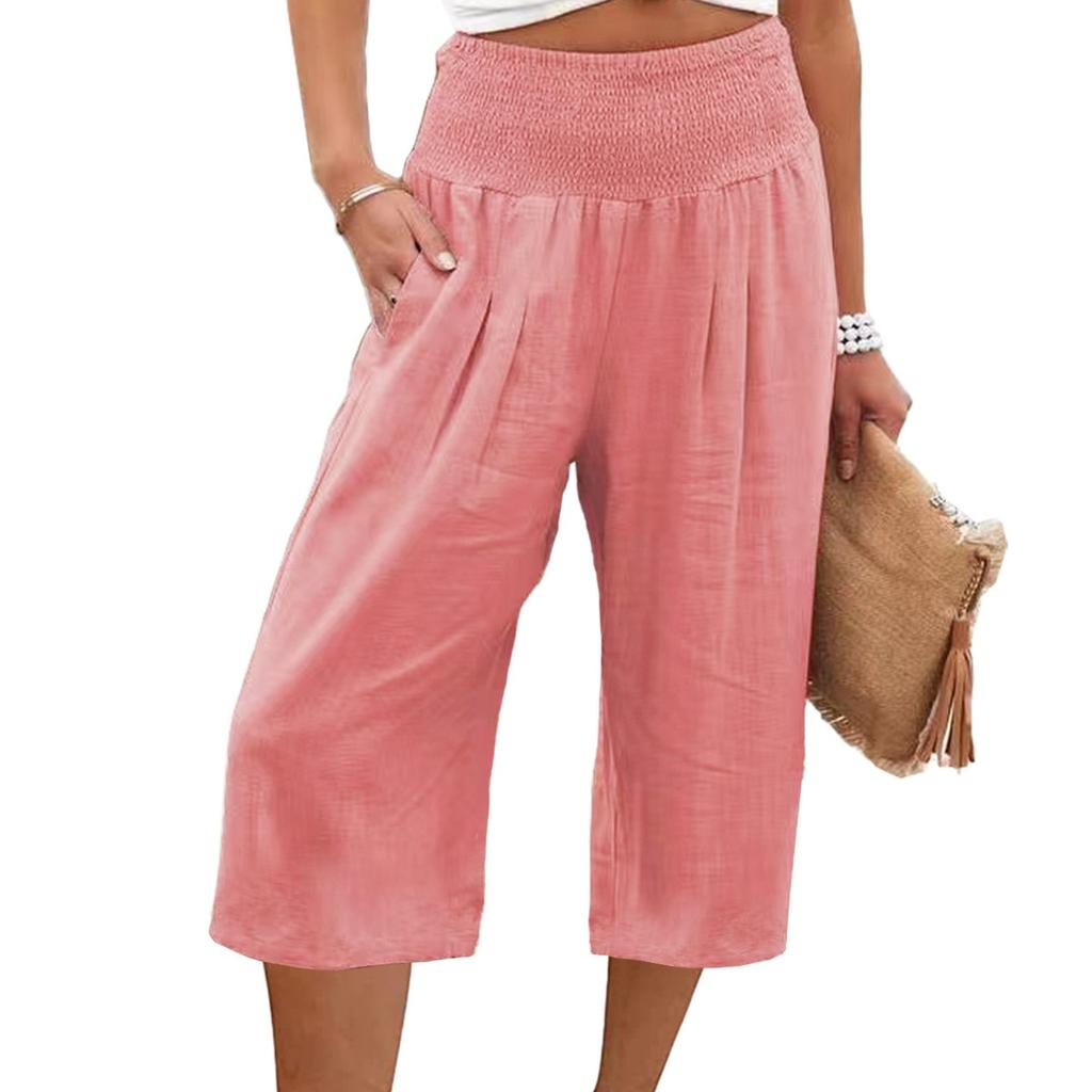 Summer Eurn Women's Cross-border Cotton Hemp Seven Waist Pocket Pocket Pocket Pocket Wide Leg Pants Woman