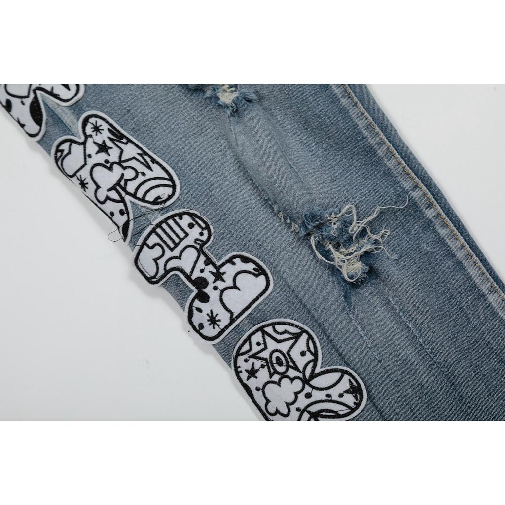M45 Jeans Tendance Style Américain pour Homme et Femme avec Patchs en Tissu, Trous, Broderie, Pantalon High Street Décontracté et Tendance