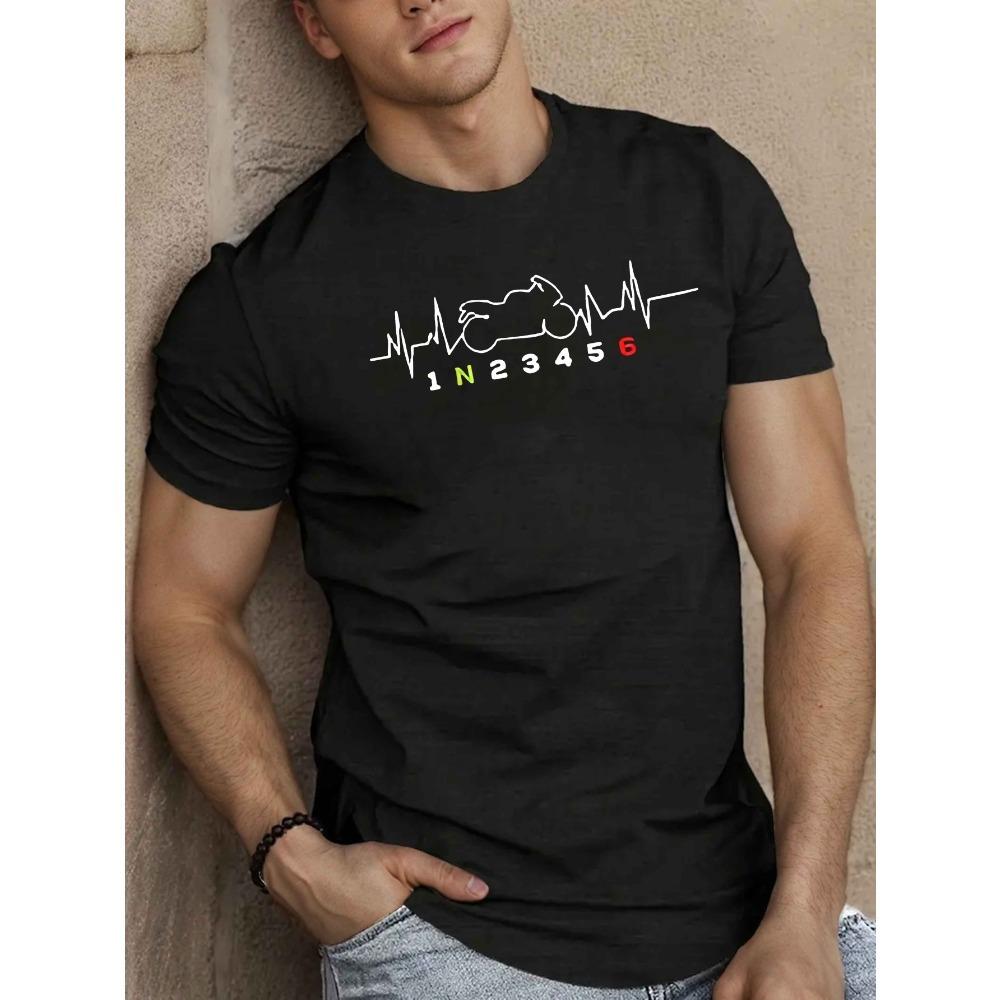

European sizes Men s Motorcycle Themed Short Sleeve T-Shirt - Motorcycle Heartbeat with & Speed Graphics, Casual Summer Apparel, Round Neck Top 4XL чорний