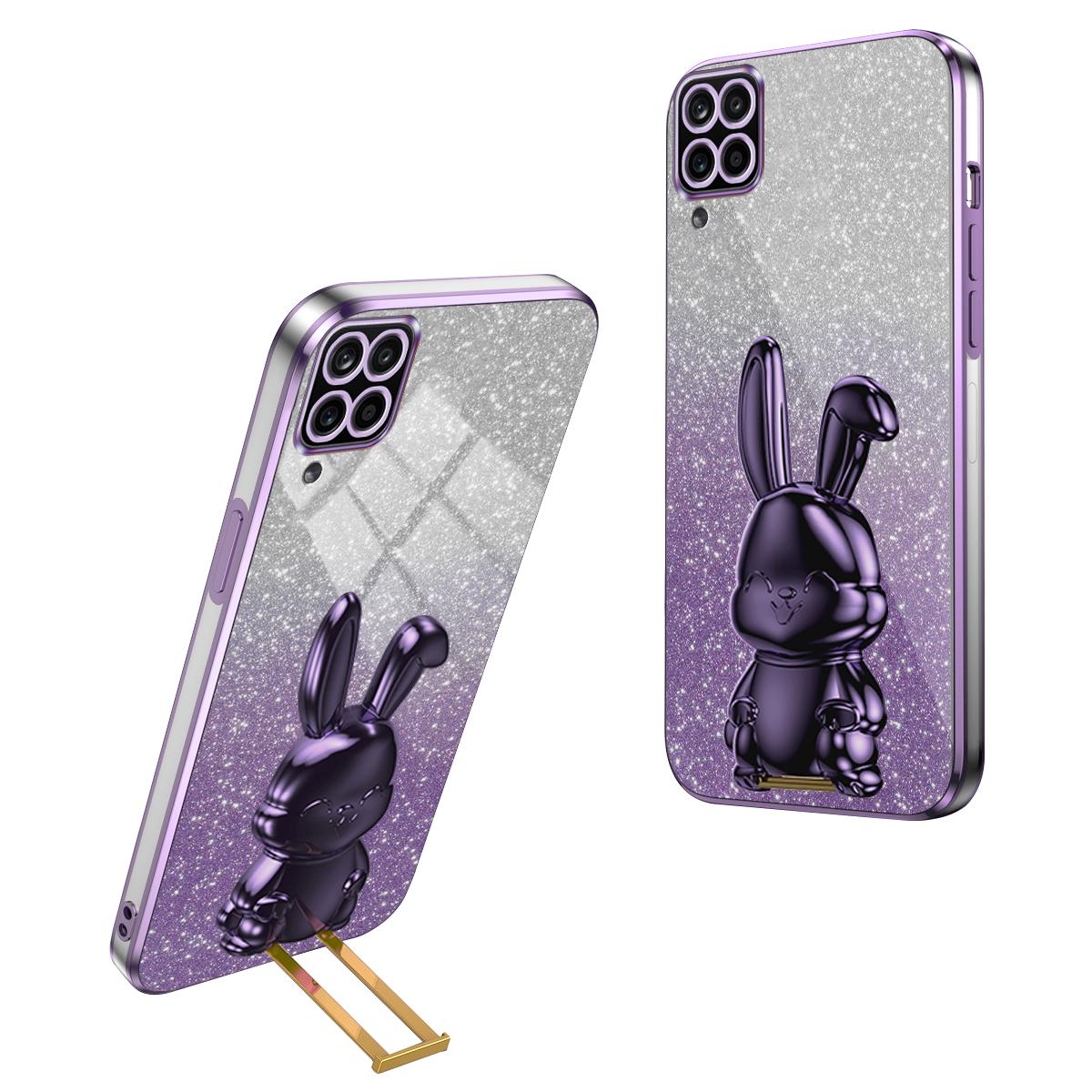 

For Samsung Galaxy A22 4G (EU Version) Phone Case Lovely Rabbit Pull-out Kickstand Anti-scratch Cover Purple