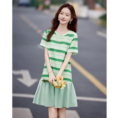 Damen Sommer Texturiertes Streifen A-Linien T-Shirt Kleid