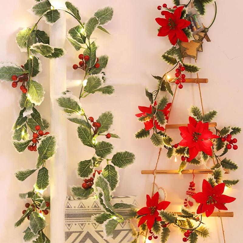 2M Artificial Christmas Garland Leaf String Lights Red Berries Ivy Vine Rattan Wreath Lighting Strings For Xmas Tree Party Decor