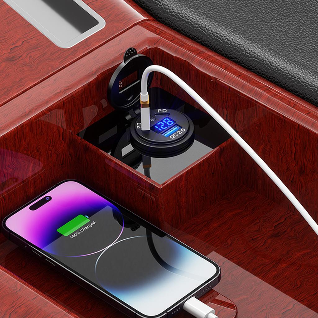 USB C Car Charger Socket 12V/24V USB C Outlet Ual 45W PD Type C & 18W 3.0 Port with LED Voltmeter