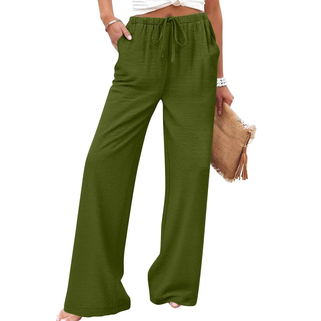 Women's Fashion Wide-Leg Trousers With Drawstring Elastic Waistband And Pockets Relaxed-Fit Casual Trousers