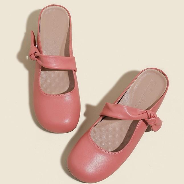 Cowhide version inner heightening bag head half slippers women's 2025 summer new outer wear thick heel word with round head Mary Jane