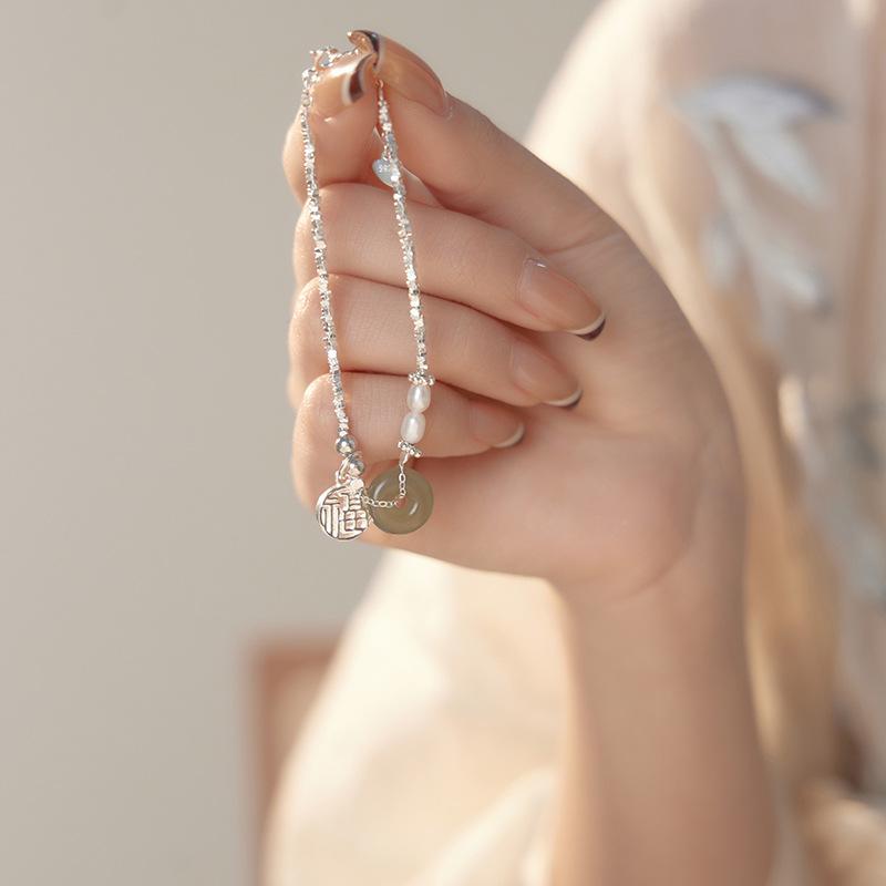 The Same Fuk Brand Safety Clasp Bracelet Women's Sterling Silver New Chinese Style China-Chic Style Hetian Jade Silver Pearl Bracelet