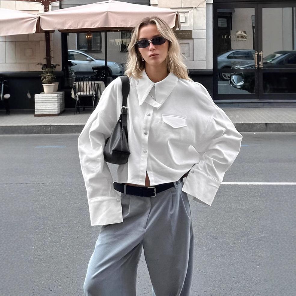French lapel loose cotton short design shirt 1116 European and American autumn and winter fashion wholesale top women