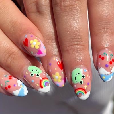 24 glänzende Press-On-Nägel im Country-Stil mit Blumen-, Wolken-, Regenbogen- und hübschem Frosch-Design – kurze mandelförmige Kunstnägel für Frauen und Mädchen zu Ostern