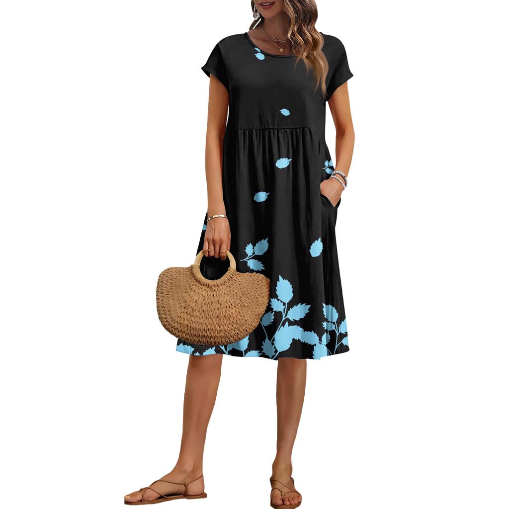 Damen Sommer Mode Lässig Rundhals Kurzarm Blumenmuster Kleid