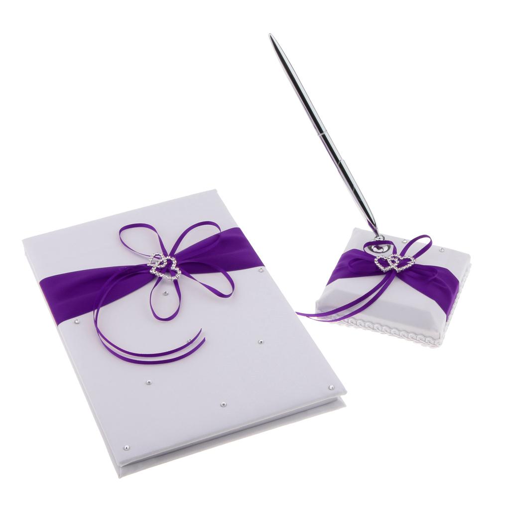 

3pcs Set Satin Crystal Guest Book Pen and Pen Stand Wedding Reception Purple