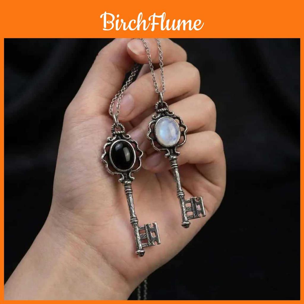 Dark Academy Key Pendant Necklace With Moonstone And Obsidian For Gothic Women