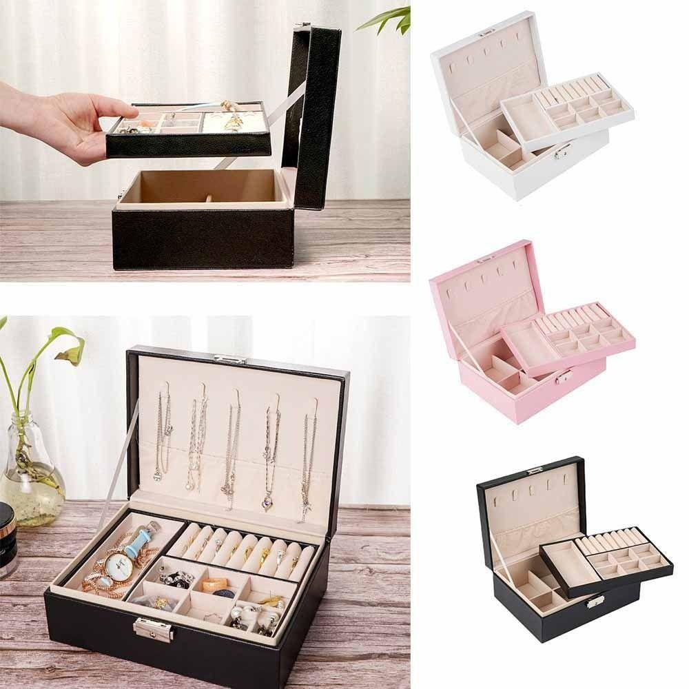 PU Leather Double-layer Jewelry Box 2 Layer Necklace Earring Box Jewelry Display Case  Women