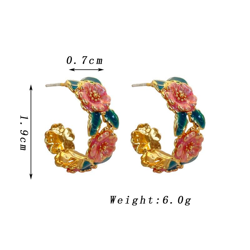 

Trendy Pink Flower Green Leaf C Shape Drop Earrings for Women Wedding Party Golden Color Enamel Oil Metal Geometry Zircon Gift