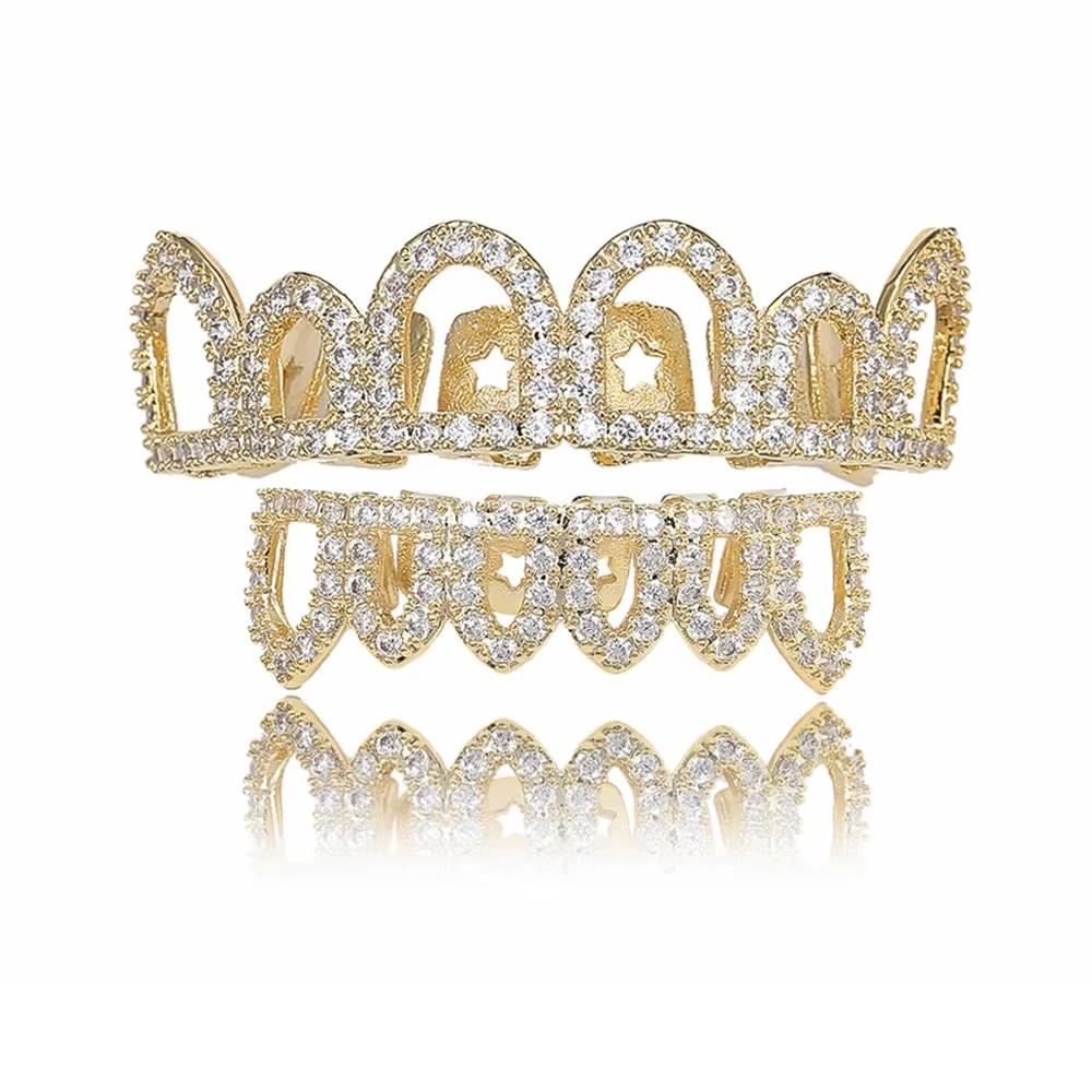 Halloween Jewelry Gold Silver Metal Color Plating Brass and Bling Zircon Hollow Out Six Piece Teeth Hip Hop Grillz