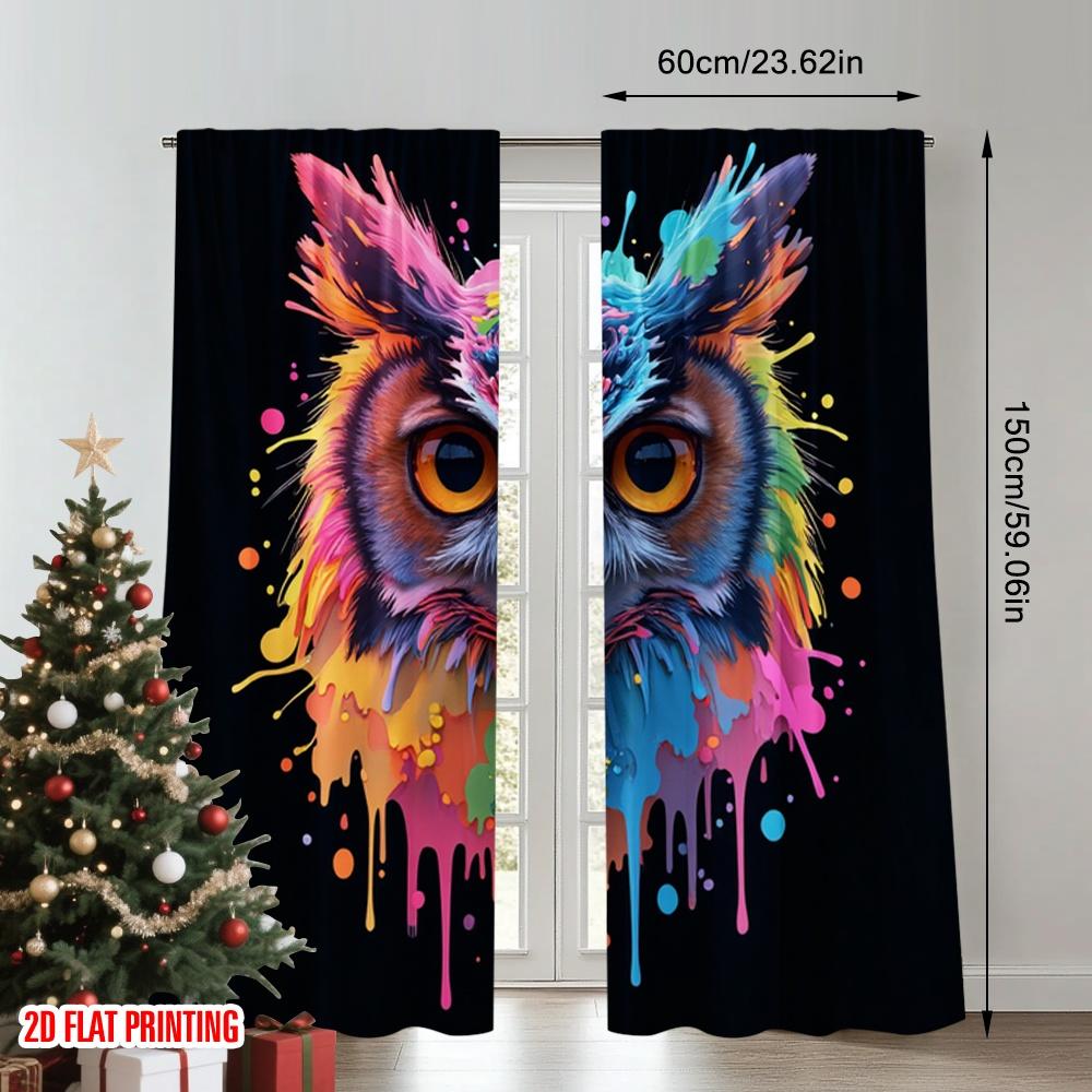 Set Of 2 Flat Printing Window Curtains Colorful Owl Paint Drip Digital Printed Polyester Drapes Family Party Decoration Made