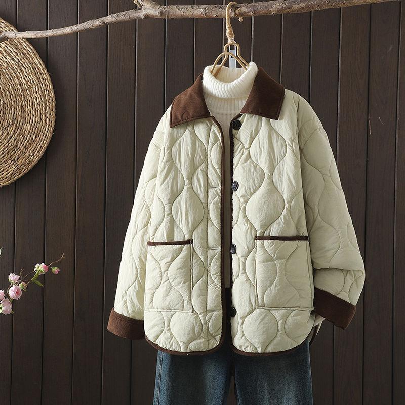 Autumn Down Cotton Padded Jacket Women's Contrast Lapel Rhombic Thin Short Loose Spring Cotton Padded Casual Coats Female