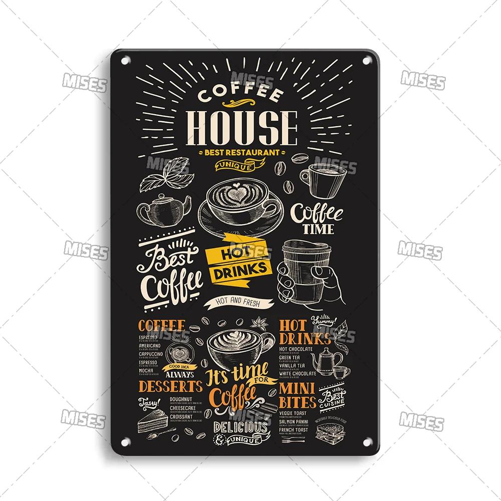 MISES Кофейное меню Настенная металлическая жестяная табличка Кафе Металлическая табличка Винтажная металлическая табличка Домашнее кафе Студия Металлический плакат Промышленный декор Табличка 20x30cm