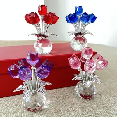 Exquisite Crystal Glass Rose Sculptures - Elegant Red, Blue & Pink Floral Decor with Sparkling Leaves, Multi-Room Home Décor for Bedroom, Kitchen..