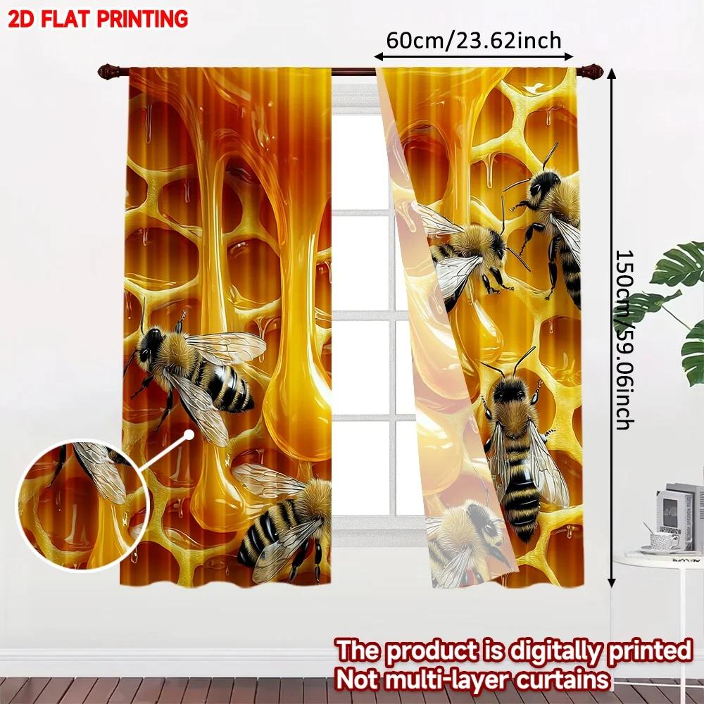 Set Of 2 Bee Honeycomb Curtains Realistic Bees Golden Dripping Honey Kitchen Living Room Decor Curtain Polyester Perfect For Sitting