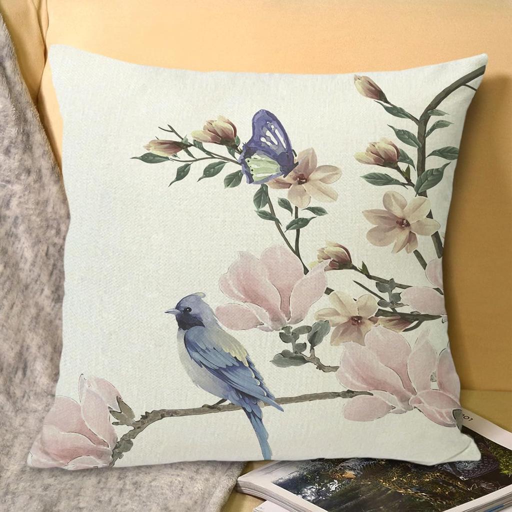 Bird Flower Decorative Pillow Covers 18x18 Linen Outdoor Square Pillow Case Cushion Cover for Sofa Couch Bedroom