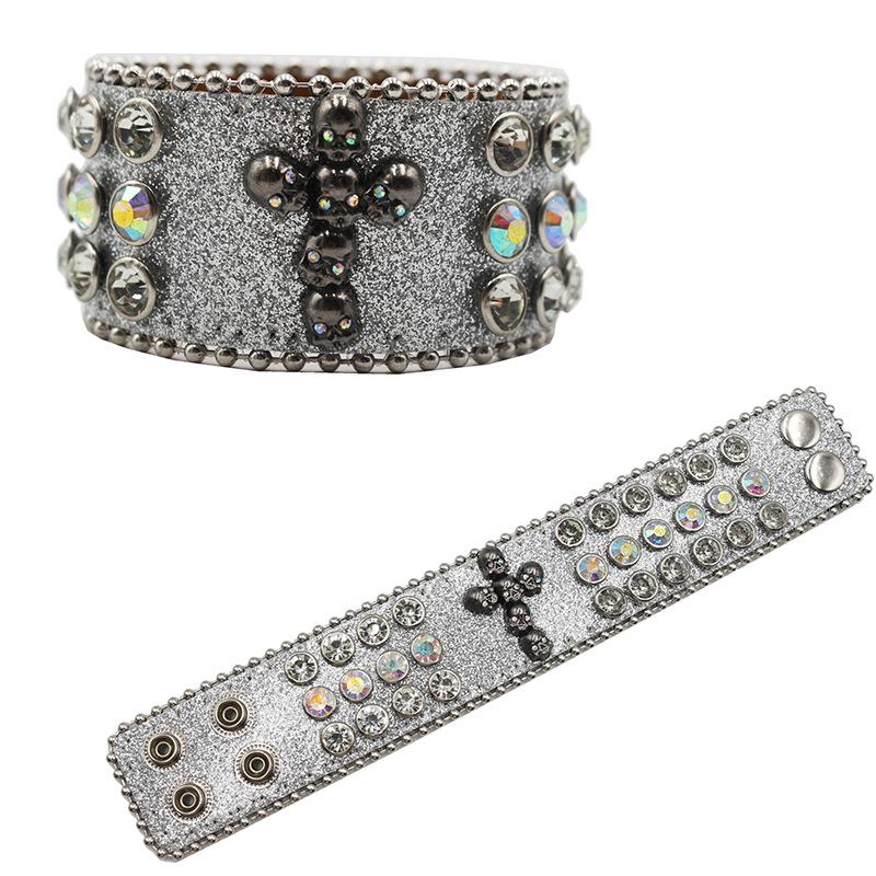 Design Diamond and Rhinestone Bracelet, Gothic Hip-hop Punk Trend PU Leather Bracelet