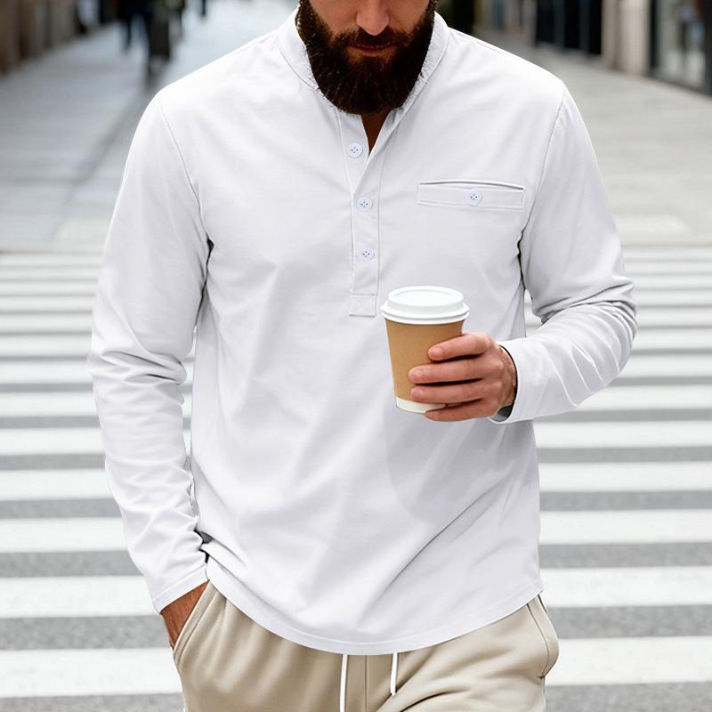 Men Solid Color Long Sleeve Round Neck Button Decor Casual Loose Polo Shirt