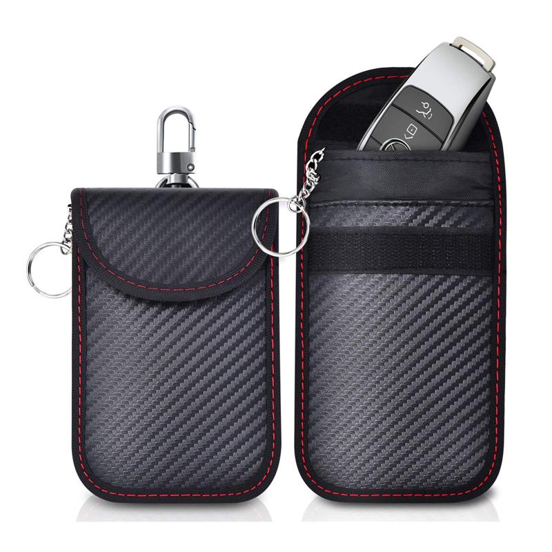 Carbon Fiber Leather RFID Car Key Signals Blocker Case With Key Hook Keyless Car Theft Pouch Faraday Car Key Bag