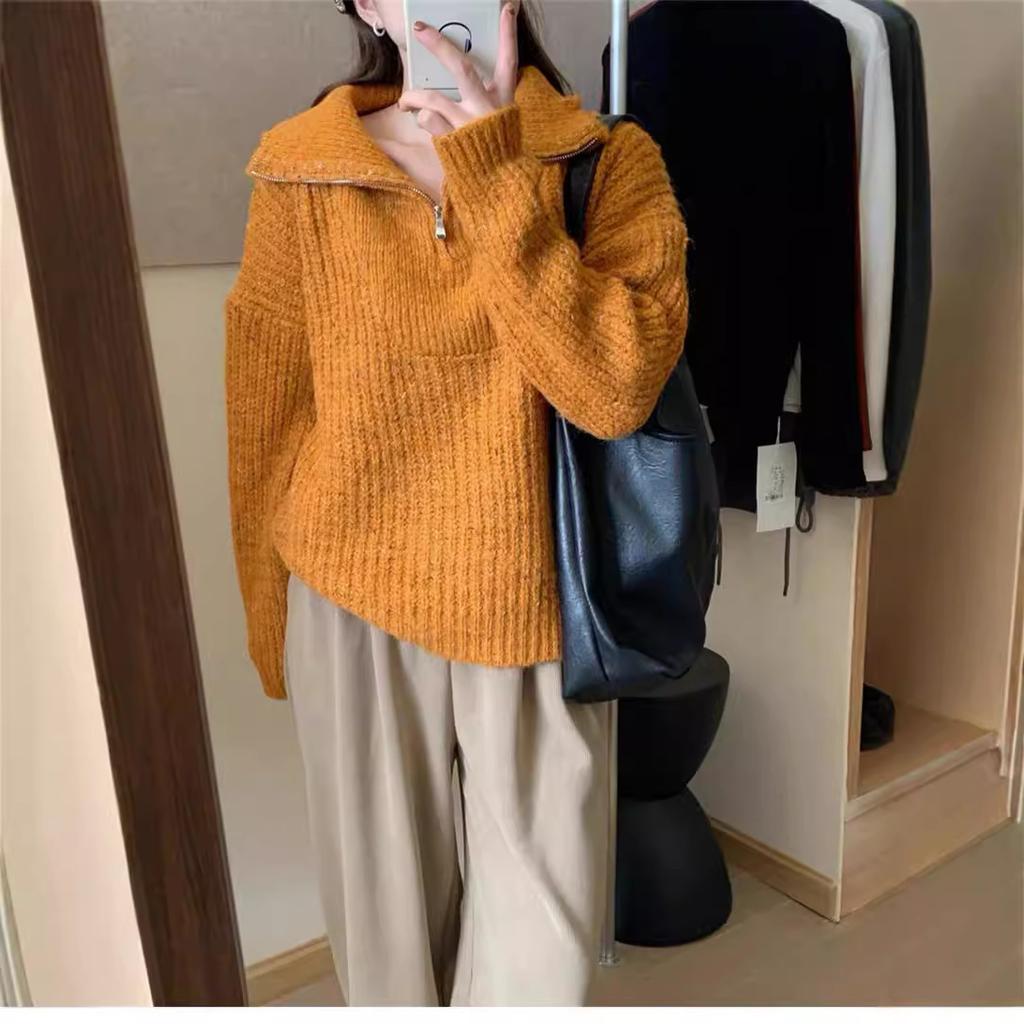 Retro Simple Half Zipper Lapel Knitted Sweater Women's Autumn and Winter New Flower Thread Soft Waxy Gentle Pullover Sweater Tide