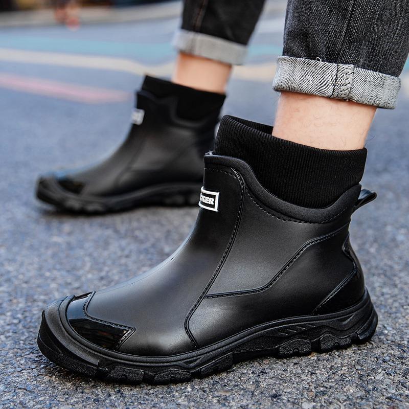 Men's short tube integrated fleece rain shoes with cotton warm waterproof rain boots lightweight work shoes non-slip