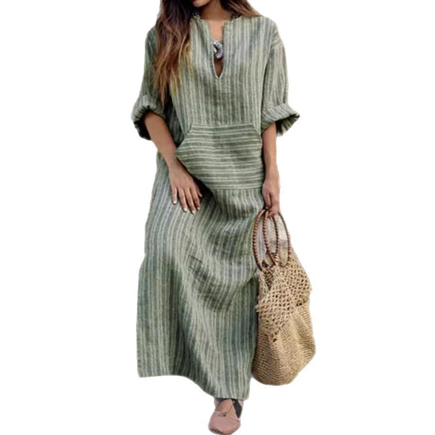 Art Vintage Cotton Linen Striped Long Dress With Loose Fit For Women