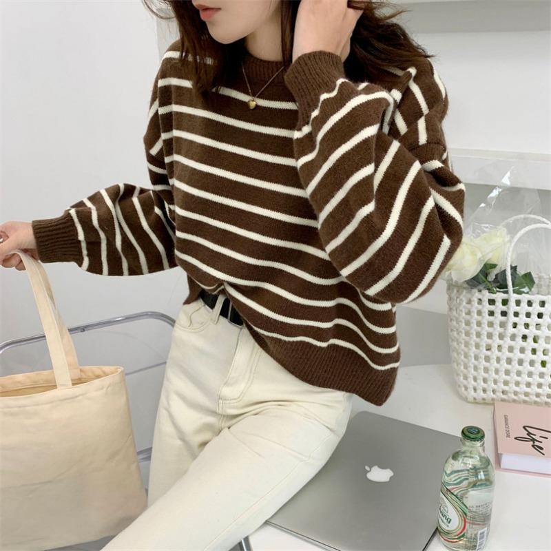 Back Slit Retro Short Section Round Neck Pullover Striped Sweater Female Thick Section Loose Round Neck Knitted Bottoming Shirt Outer Wear