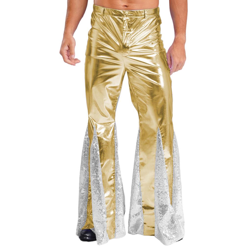 S-3XL Men's 70s Disco Pants Shiny Metallic Sequins, Hippie Vintage Bell Bottoms Flared Pants for Dance Party & Nightclub