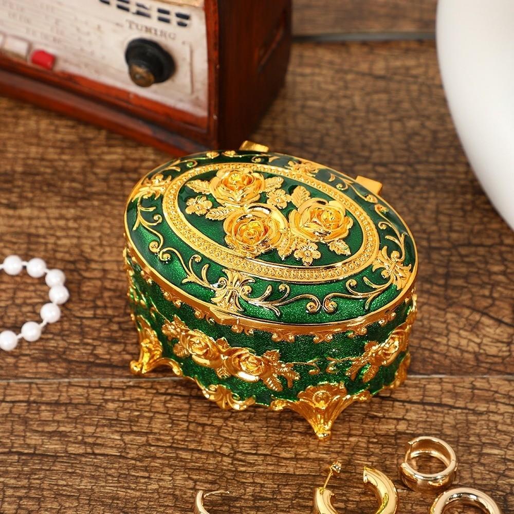 Oval Rose Enamel Box European Style Antique Storage Case Metal Jewelry Box Desk Storage