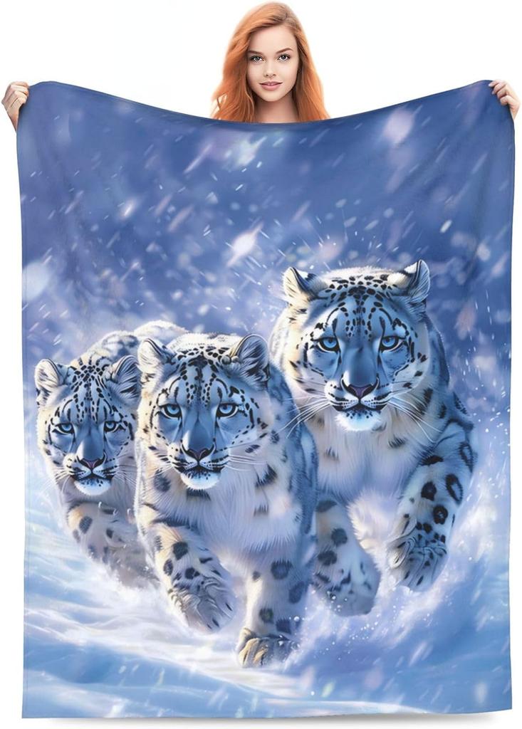 Snow Leopard Blanket with Three Wild Cats in Snowstorm Design for Cozy Living Room Decor AnimalPrintThrow Gift for Nature Lover