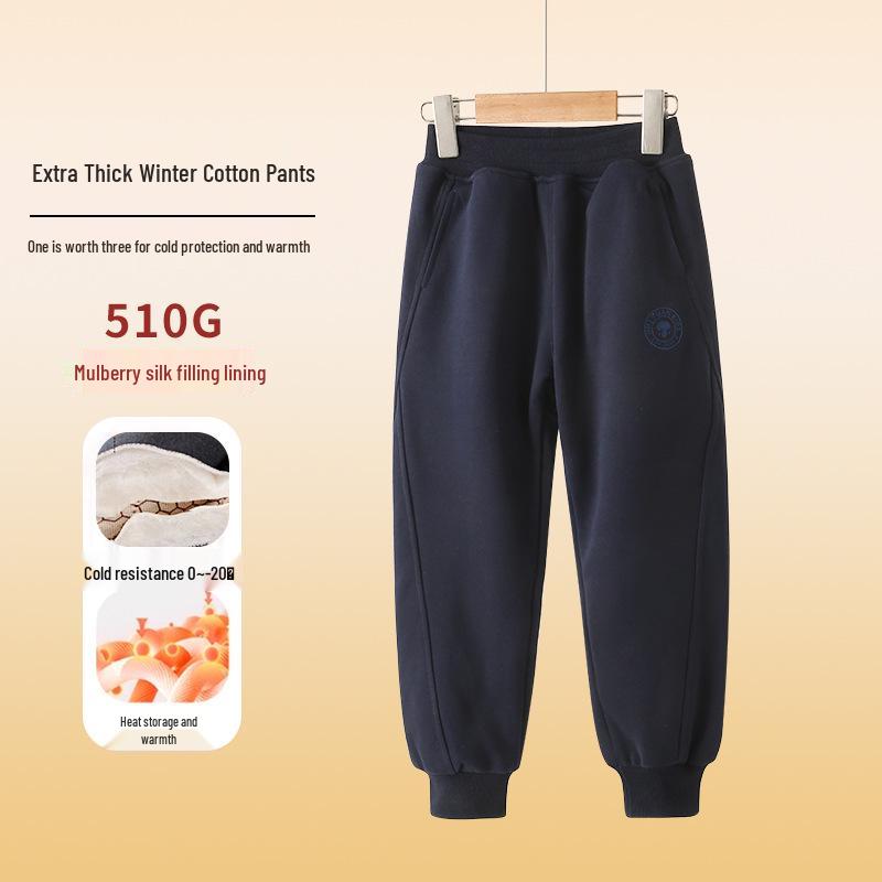 2024 Boys' Fleece-Lined Thick Cotton Winter Pants for Middle and Big Kids - Sports Style