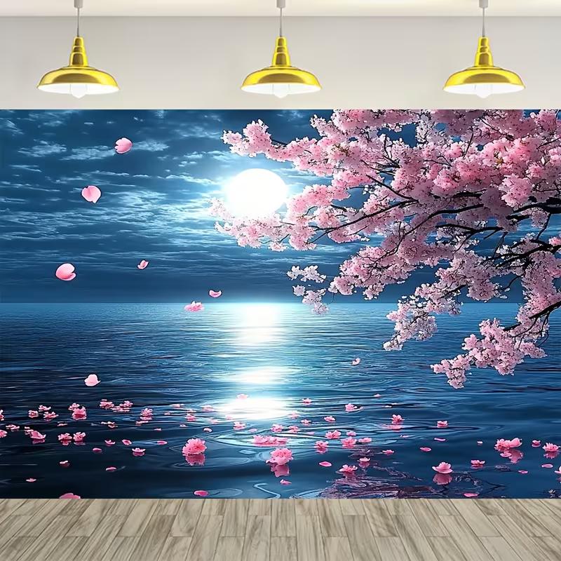 2D Printed Moonlight Cherry Blossom Sea Tapestry for Home Decor