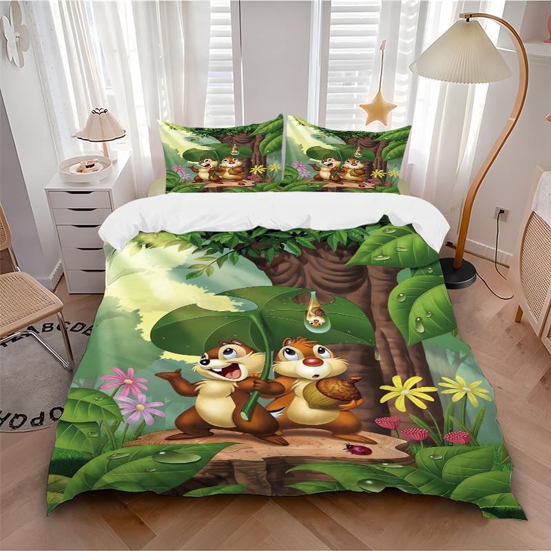 3pcs Cartoon Chip & Dale Print Bedding Set (1 Cover + 2 Pillowcases, Without Inserts) S007