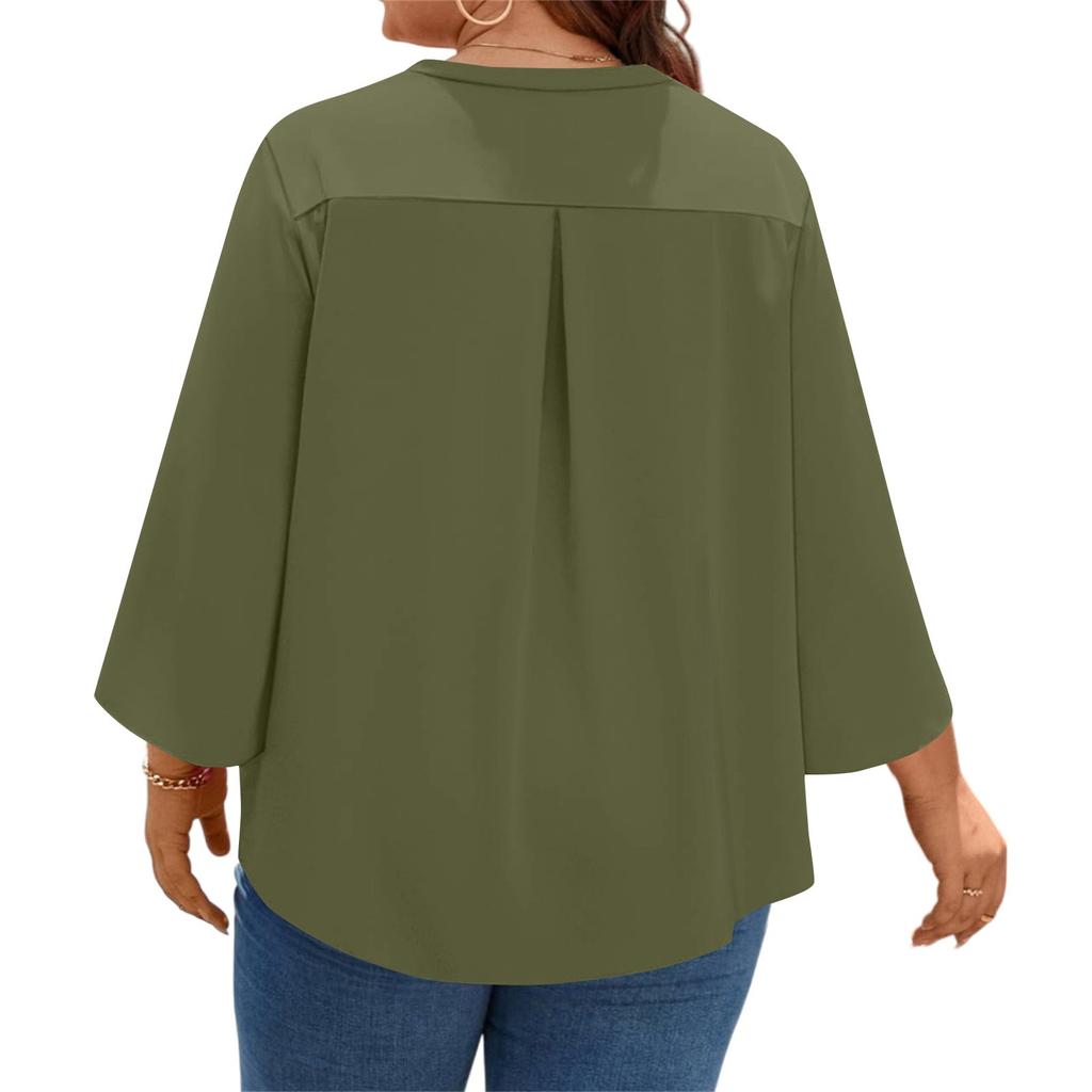Women's Solid Color V-neck Plus Size Tops 3/4 Sleeves Elegant Shirt Tops