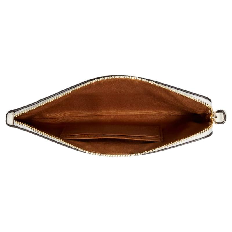 Coach Corner Zip 20 Metal Logo Zip Closure Saffiano Leather Clutch Women's Gold and Chalk White