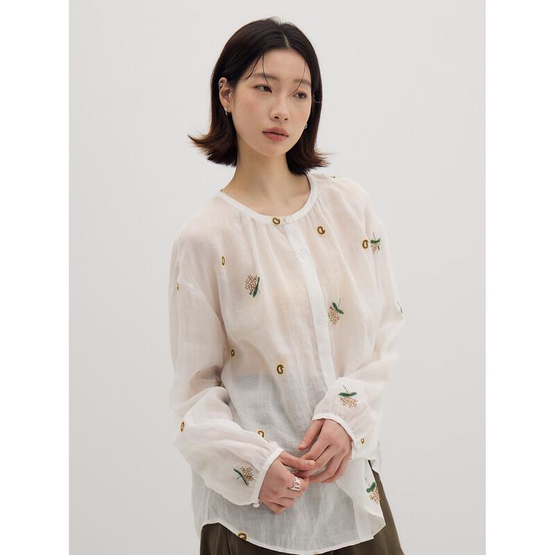 KOMPASU 100% Ramie Dandelion Embroidered Long Sleeve Blouse