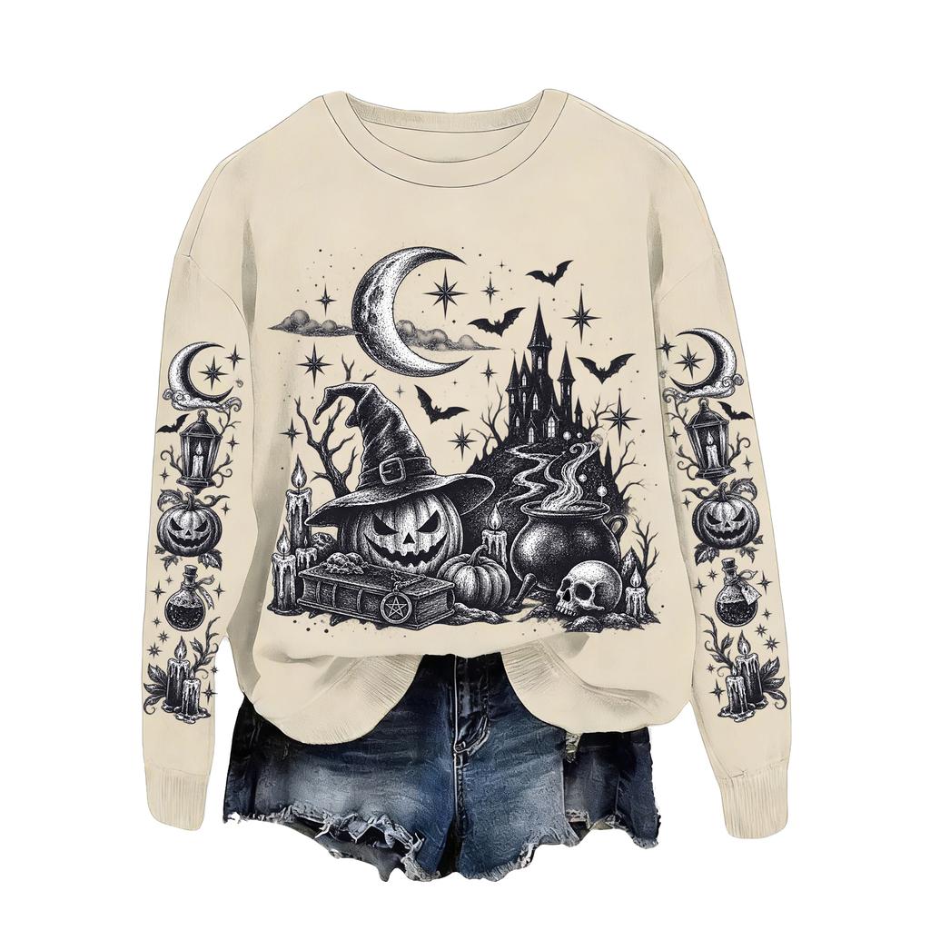 Women's Halloween Print Sweatshirt Loose Fit Casual Pullover Top for Fall and Winter
